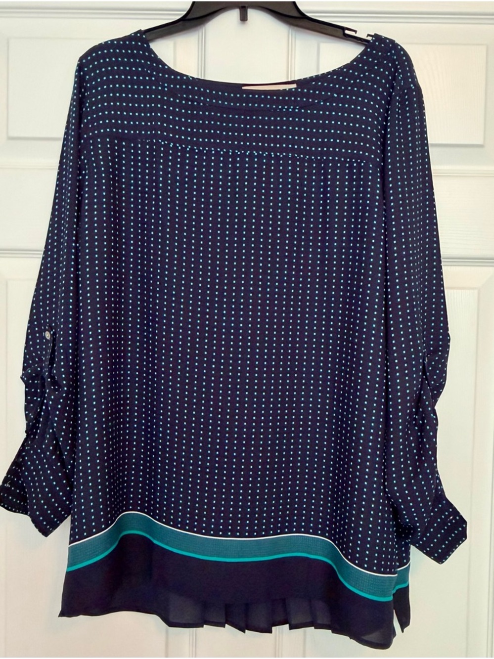 LOFT Navy Blouse with Teal Square Print